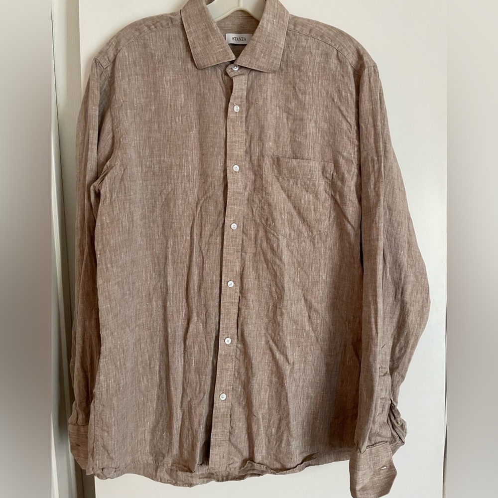 Men M: STANZA Pure Linen Long Sleeve Button Down Shirt Tan
15 3/4 neck